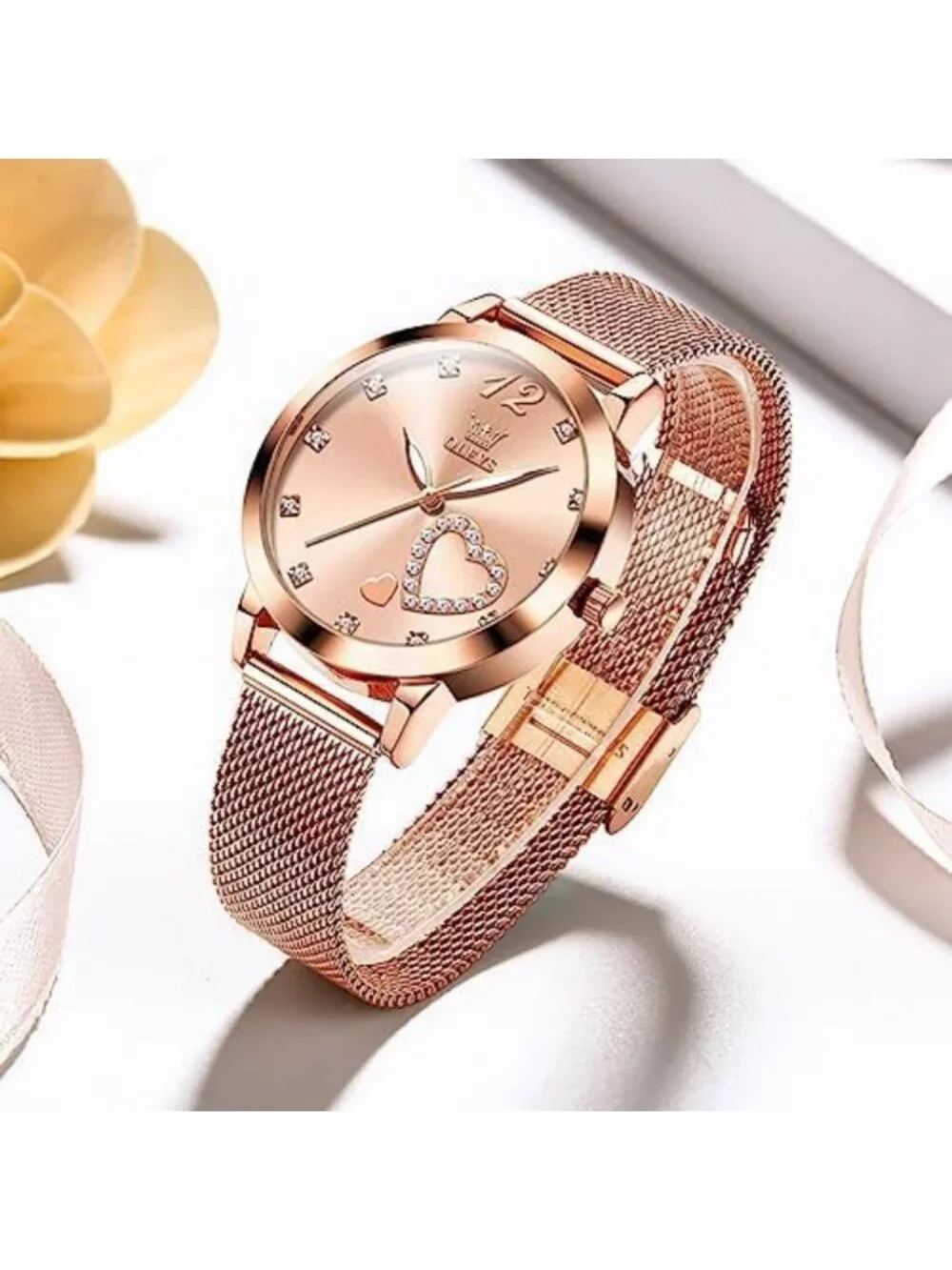 Stylish Rose Gold Women's Watch - Mesh Strap, Waterproof, Luminous, Heart Design